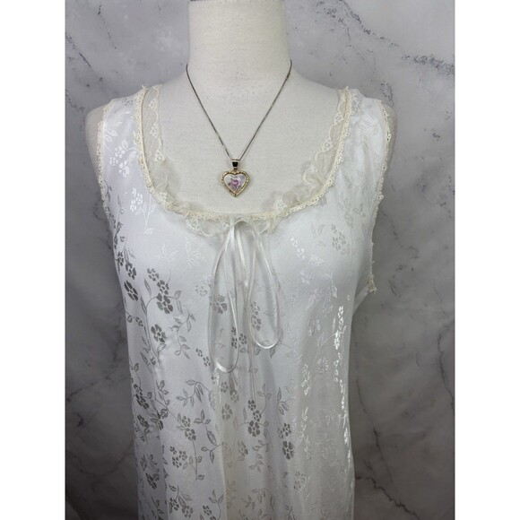 Vtg 80s Nightgown Dress White Satin Floral Lace Bridal Prairie Cottagecore SZ L - Picture 9 of 16